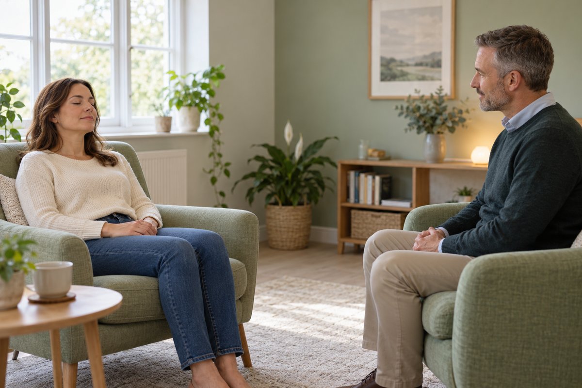 Client relaxing in a therapy chair while a hypnotherapist sits separately, without physical contact.